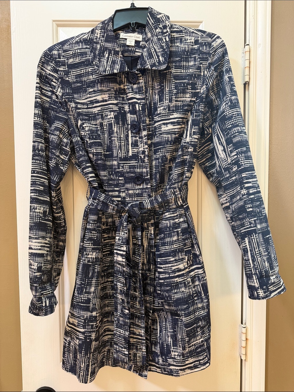 Coldwater Creek Navy & White Abstract Print Belted Long Sleeve Dress